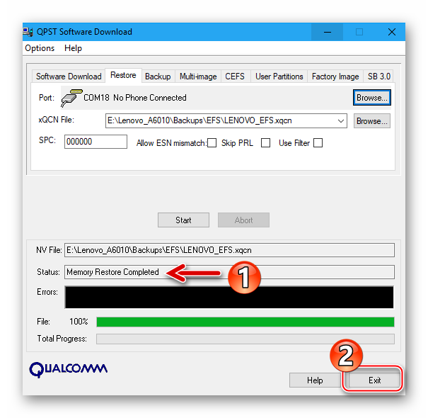 Lenovo A6010 утилита Software Download из комплекта QPST - восстановление EFS из бэкапа завершено